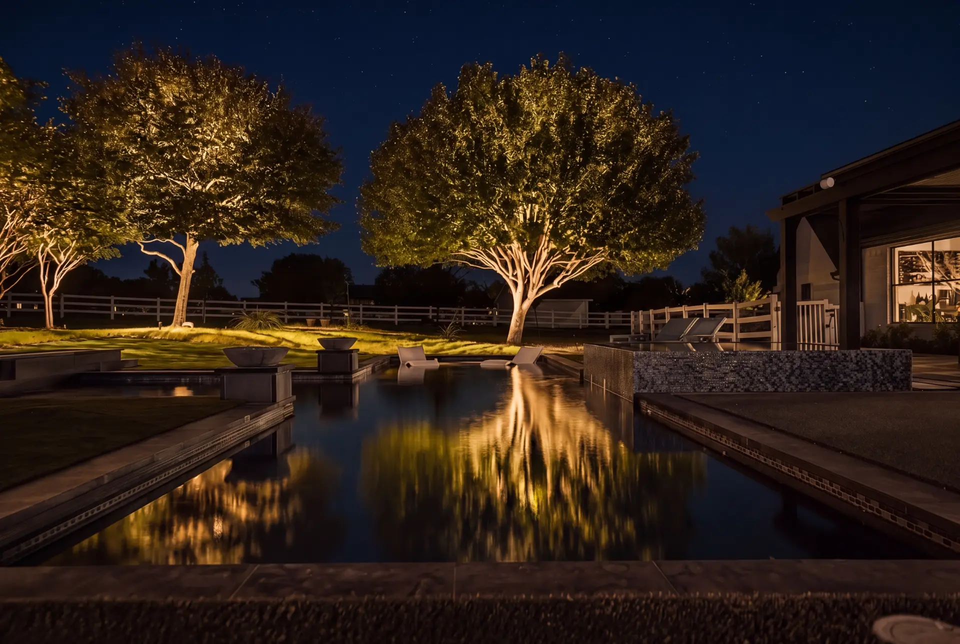 Warm landscape lighting uplighting trees beside a pool at night